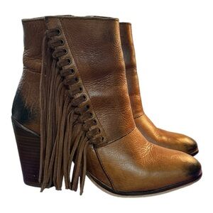 Diba True Jilly Ann Leather Fringed Side Zip Booties Size 7.5